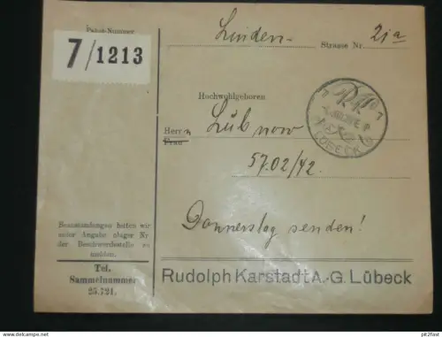 Rudolph Karstadt AG in Lübeck , 1927 , an Hr. Lubnow , Lindenstrasse , Ganzsache !!