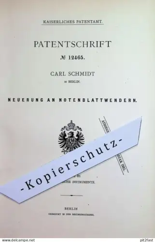 original Patent - Carl Schmidt , Berlin | 1880 | Notenblattwender | Notenblatt - Wender | Musik Musikinstrument , Noten