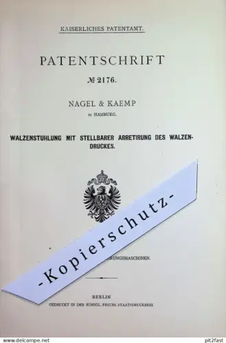 original Patent - Nagel & Kaemp , Hamburg | 1877 | Walzenstuhl | Walzwerk | Mühle , Mühlen , Müllerei , Getreide