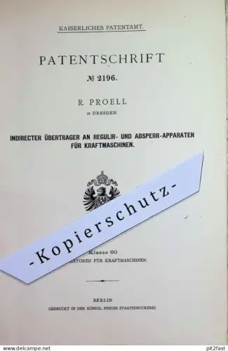 original Patent - R. Proell , Dresden | 1878 | Übertrager an Regulator für Kraftmaschinen | Motor , Motoren , Gasmotor