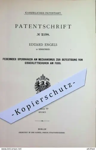 original Patent - Eduard Engels , Remscheid | 1878 | Sperrhaken für Eis - Schlittschuhe | Sport , Schuhe , Schuh , Haken