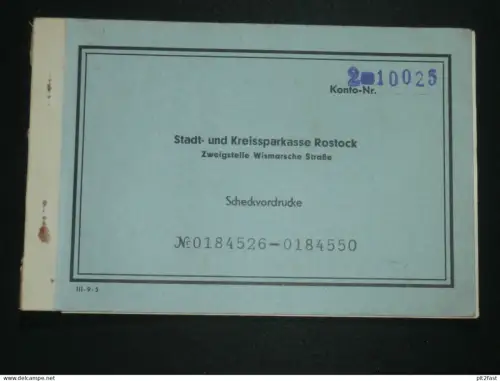 Stadt- und Kreissparkasse in Rostock i. Mecklenburg ,1954 , Wittenberge , Mappe Scheckvordrucke , 1x Scheck