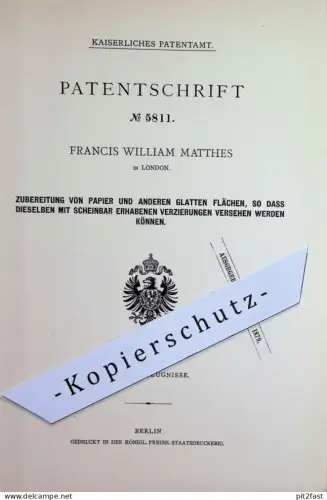 original Patent - Francis William Matthes , London , England | 1878 | Verzierung von Papier | Papierfabrik !!