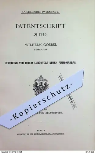 original Patent - Wilhelm Goebel , Hannover | 1878 | Reinigung von rohem Leuchtgas durch Ammoniakgas | Gas , Gase !!