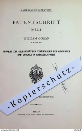 original Patent - William Cowan , Edinburg / Edinburgh , England | 1878 | Druck in Gasregulatoren | Gas Regulator
