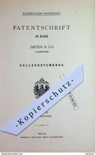original Patent - Davids & Co , Hannover | 1878 | Rollschutzwände | Rollschutzwand | Zaun , Wand , Paravent , Hochbau