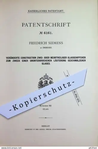 original Patent - Friedrich Siemens , Dresden | 1878 | Läuterung von geschmolzenem Glas | Glasbläser , Ofen Schmelzofen