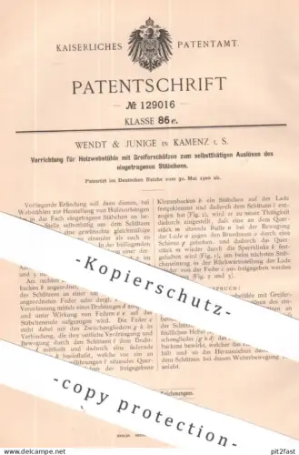 original Patent - Wendt & Junge , Kamenz i. S. | 1900 | Holzwebstuhl mit Greiferschützen | Webstuhl , Weber , Weben !!!
