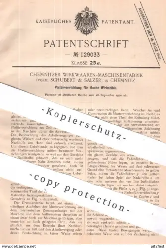 original Patent - Wirkwaren Maschinenfabrik Chemnitz | Schubert & Salzer | 1900 | Plattiervorrichtung für Wirkstuhl