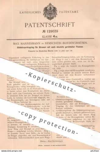 original Patent - Max Mannesmann , Remscheid / Bliedinghausen | 1901 | Glühkörpertragring für Brenner | Glühlicht Lampe