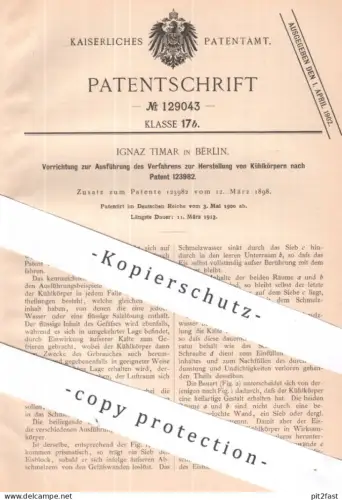 original Patent - Ignaz Timar , Berlin | 1900 | Kühlkörper | Kühlverfahren | Kühlung , Kühlen , Eis , Eisbereitung