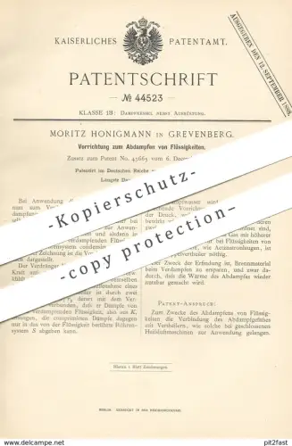 original Patent - Moritz Honigmann , Grevenberg 1888 | Abdampfen von Flüssigkeiten | Dampfkessel , Wasserkessel , Kessel