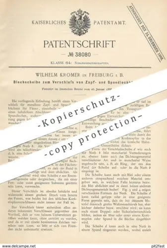original Patent - Wilhelm Kromer , Freiburg 1886 , Blechscheibe zum Verschluss von Zapf- u. Spundlochbüchse | Zapfanlage