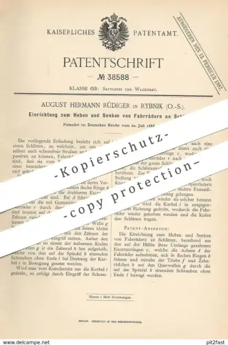 original Patent - August Hermann Rüdiger , Rybnik  1886 , Heben u. Senken vom Fahrrad an Schlitten | Fahrräder , Kutsche