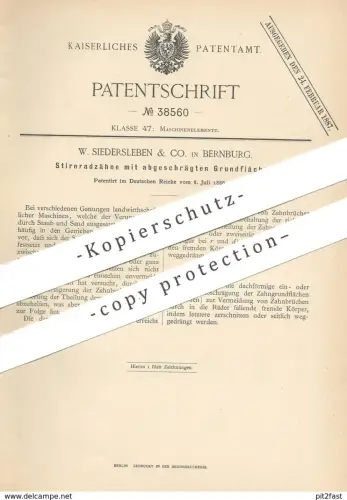 original Patent - W. Siedersleben & Co. , Bernburg , 1886 , Stirnradzahn | Zahnrad , Zahnräder | Stirnrad | Maschinen !!