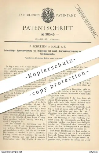 original Patent - F. Schulten , Halle / Saale , 1886 , Sperrvorrichtung für Hebezeug | Aufzug , Lastenzug , Fahrstuhl !