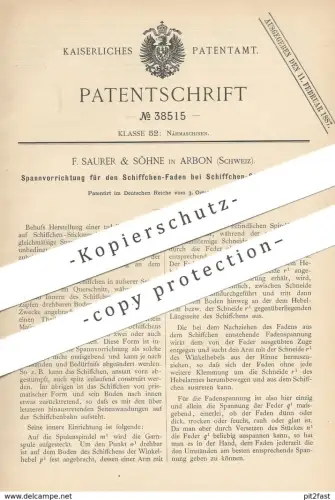 original Patent - F. Saurer & Söhne , Arbon , Schweiz , 1885 , Faden bei Schiffchen - Stickmaschine | Nähmaschine !!!