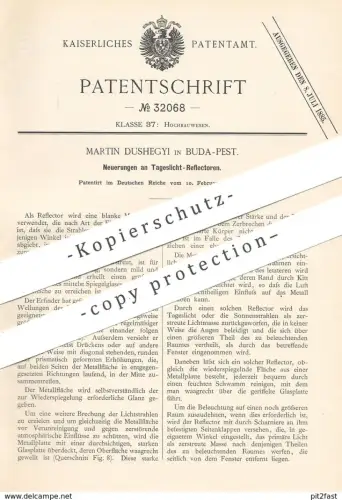 original Patent - Martin Dushegyi , Budapest , 1885 , Tageslicht - Reflektor | Reflektoren | Lichtstrahlen , Spiegel !!!