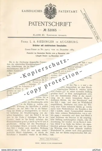 original Patent - L. A. Riedinger , Augsburg , 1884 , Drücker mit elektrischem Umschalter | Schalter , Lichtschalter !!