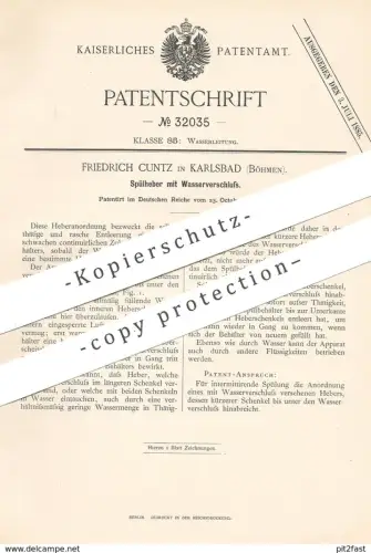 original Patent - Friedrich Cuntz , Karlsbad / Böhmen 1884 , Spülheber mit Wasserverschluss | Wasser  Spülung | Klempner