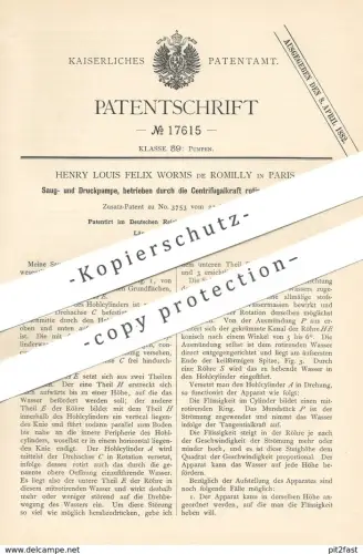original Patent - Henry Louis Felix Worms de Romilly , Paris , Frankreich , 1881 , Saugpumpe , Druckpumpe | Wasser Pumpe