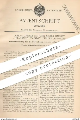 original Patent - Joseph & John Nicoll Lindsay , Blackness Foundry , Dundee , Schottland , 1892 , Presse für Kurbelwelle