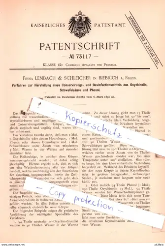 original Patent - Firma Lembach & Schleicher in Biebrich a. Rhein , 1892 , Chemische Apparate und Processe !!!