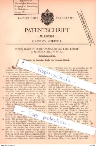 original Patent - J. Harvey Schoonmaker und E. Leicht in Winona , USA , 1904 , Seilspinnmaschine !!!