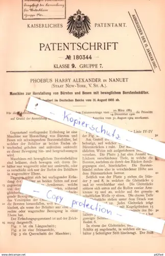 original Patent - P. H. Alexander in Nanuet , USA , 1905 , Maschine zur Herstellung von Bürsten und Besen !!!