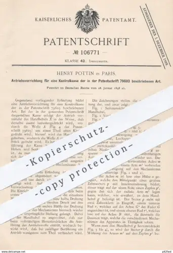 original Patent - Henry Pottin , Paris 1898 , Antriebsvorrichtung für eine Kontrollkasse | Kasse , Kassen , Kassensystem