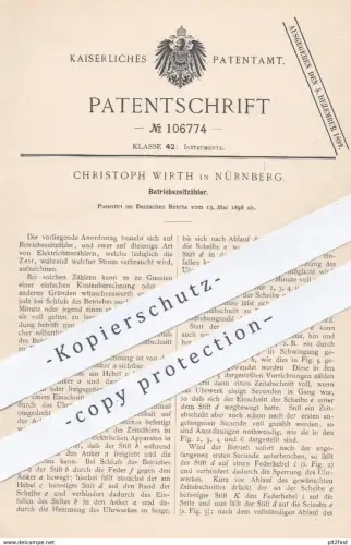 original Patent - Christoph Wirth , Nürnberg 1898 , Betriebszeitzähler | Stromzähler , Elektriztätszähler | Strom Zähler