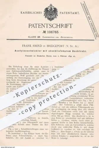 original Patent - Frank Rhind , Brigdeport , USA , 1899 , Acetylenentwickler mit abschließbarem Dochtrohr | Gas , Licht