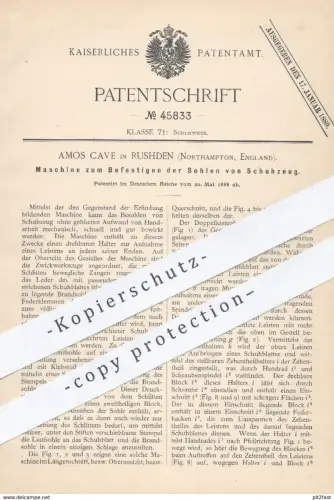 original Patent - Amos Cave , Rushden / Northampton England , 1888 , Befestigen der Schuh - Sohlen | Schuhe , Schuster !