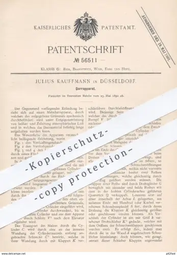 original Patent - Julius Kauffmann , Düsseldorf , 1890 , Darrapparat für Malz | Darre , Darren , Bier , Brauerei , Wein