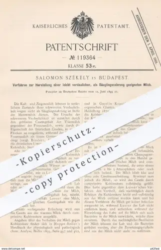 original Patent - Salomon Székely , Budapest 1899 , Herstellung leicht verdaulicher Milch | Säuglingsnahrung | Kuhmilch