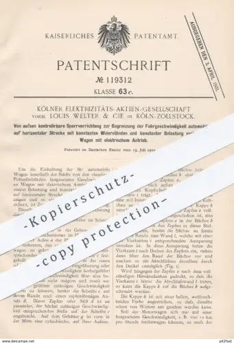 original Patent - Elektrizitäts - AG | Louis Welter & Cie , Köln , 1900 , Begrenzung der Geschwindigkeit beim Automobil