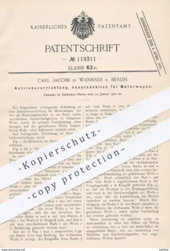 original Patent - Carl Jacobi , Berlin / Wannsee , 1900 , Antrieb für Motorwagen | Motor , Motoren , Auto , Automobil !!
