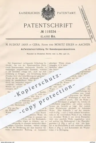 original Patent - M. Rudolf Jahr , Gera , Reuss / Moritz Eisler , Aachen , 1900 , Gewebe - Spannmaschinen | Stoff !!