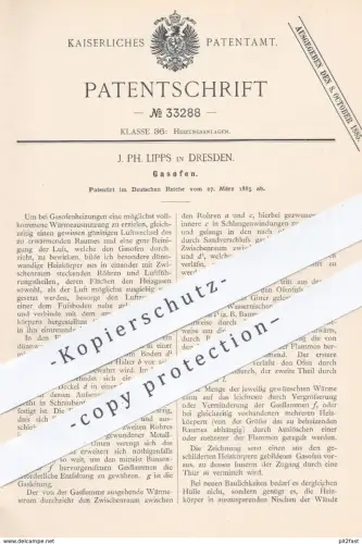 original Patent - J. Ph. Lipps , Dresden , 1885 , Gasofen | Gas , Ofen , Öfen , Ofenbauer , Heizung , Gasofenheizung !!