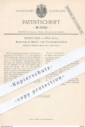 original Patent - Moritz Jahr , Gera , Reuss , 1885 , Spann- u. Trockenmaschinen | Wäsche - Trockner , Wäscherei !!!
