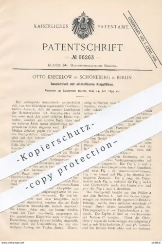 original Patent - Otto Krecklow , Berlin / Schöneberg , 1895 , Ausziehtisch mit Klappfüßen | Tisch , Tische , Tischler