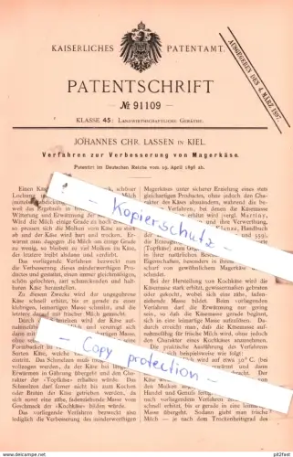 original Patent - Johannes Chr. Lassen in Kiel , 1896 , Verfahren zur Verbesserung von Magerkäse !!!