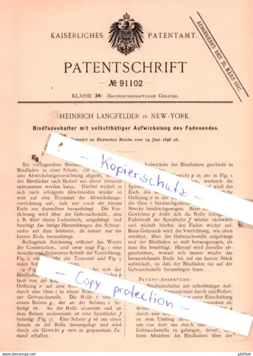 original Patent - Heinrich Langfelder in New-York , 1896 , Bindfadenhalter mit Aufwickelung des Fadenendes !!!