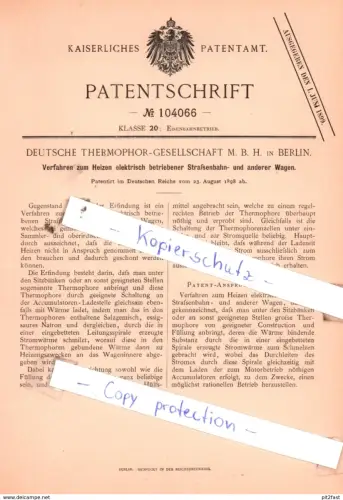original Patent - Deutsche Thermophor-Gesellschaft M. B. H. in Berlin , 1898 , Eisenbahnbetrieb !!!