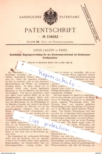 original Patent - Louis Lacoin in Paris , 1898 ,  Selbstthätige Regelungsvorrichtung für den Druckwasserverbrauch !!!
