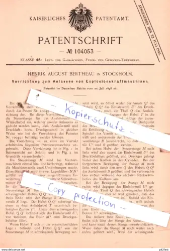 original Patent - H. A. Bertheau in Stockholm , 1898 , Vorrichtung zum Anlassen von Explosionskraftmaschinen !!!