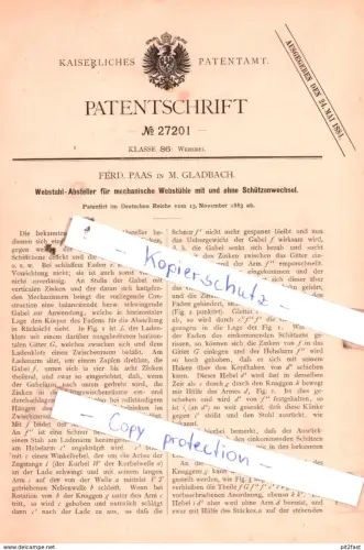 original Patent - Ferd. Paas in M. Gladbach , 1883 , Webstuhl-Absteller für mechanische Webstühle !!!