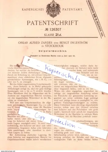 original Patent - Oskar Alfred Zander und Bengt Ingström in Stockholm  , 1900 , Unipolarmaschine !!!