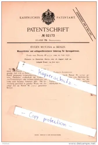 Original Patent  - Eugen Mutzka in Berlin , 1896 , Sprengstoffe !!!
