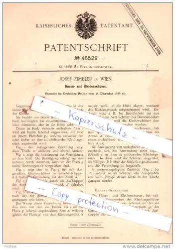 Original Patent  - Josef Zimbler in Wien , 1888 , Hosen- und Kleiderschoner !!!